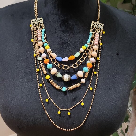 Plunder Multi Resin Layered Bead Gold Tone Boho Statement Necklace and Bracelet - Picture 1 of 11